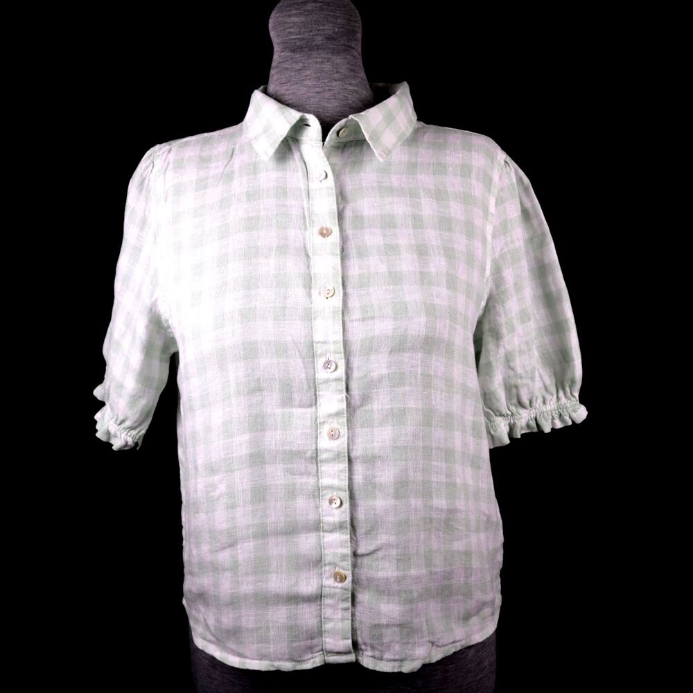 Laura Ashley Light Green Plaid Blouse 100% Linen Size M Preppy Feminine Gingham